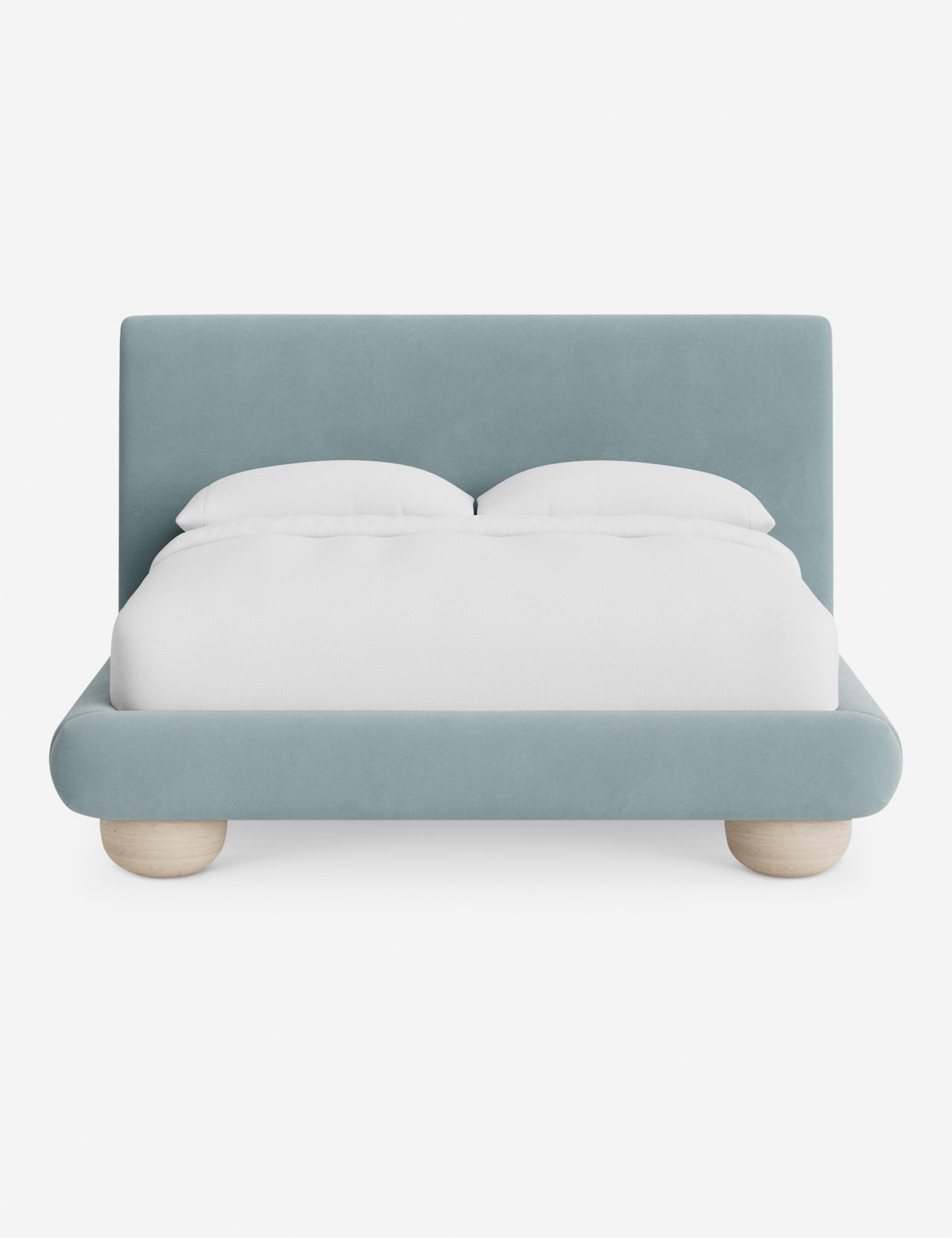 Rivo Platform Bed | Upholstered Frame, Light Wood Grain Base