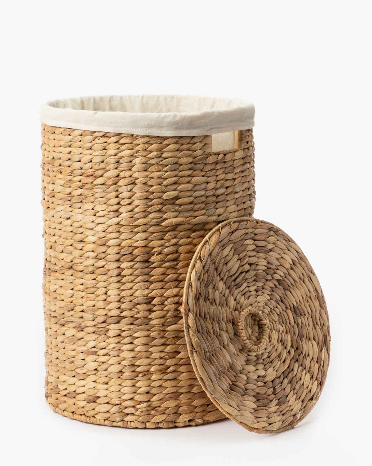 Bela Round Water Hyacinth Basket  Removable Lid, Iron Frame