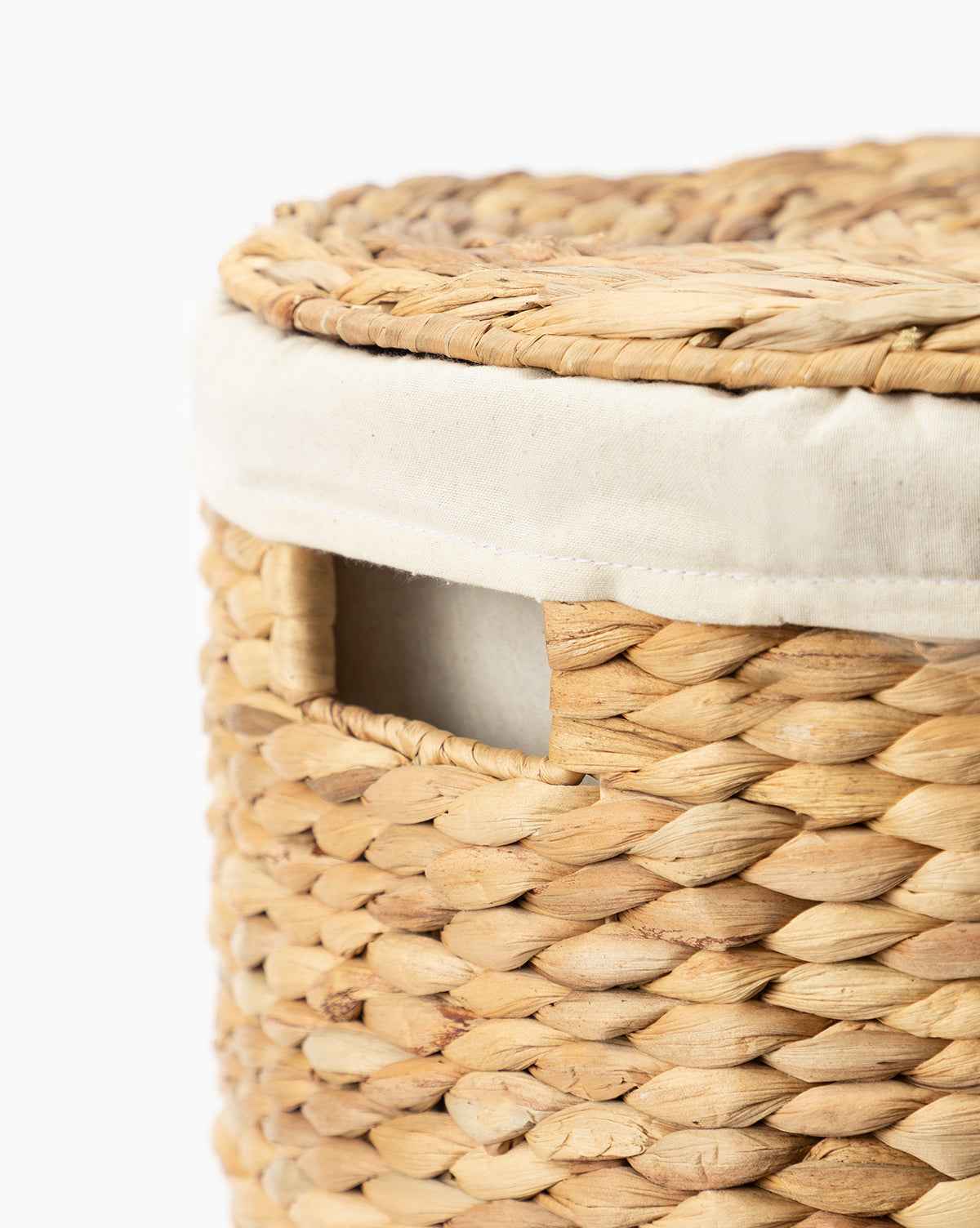 Bela Round Water Hyacinth Basket  Removable Lid, Iron Frame