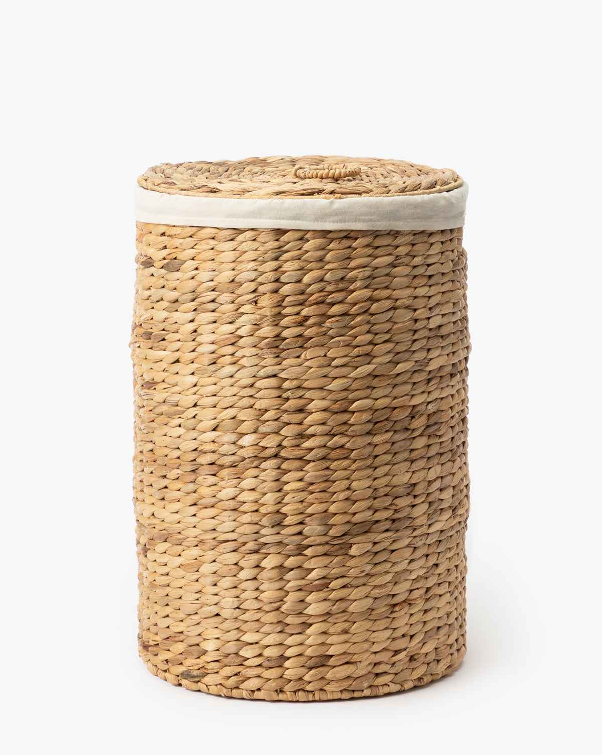 Bela Round Water Hyacinth Basket  Removable Lid, Iron Frame