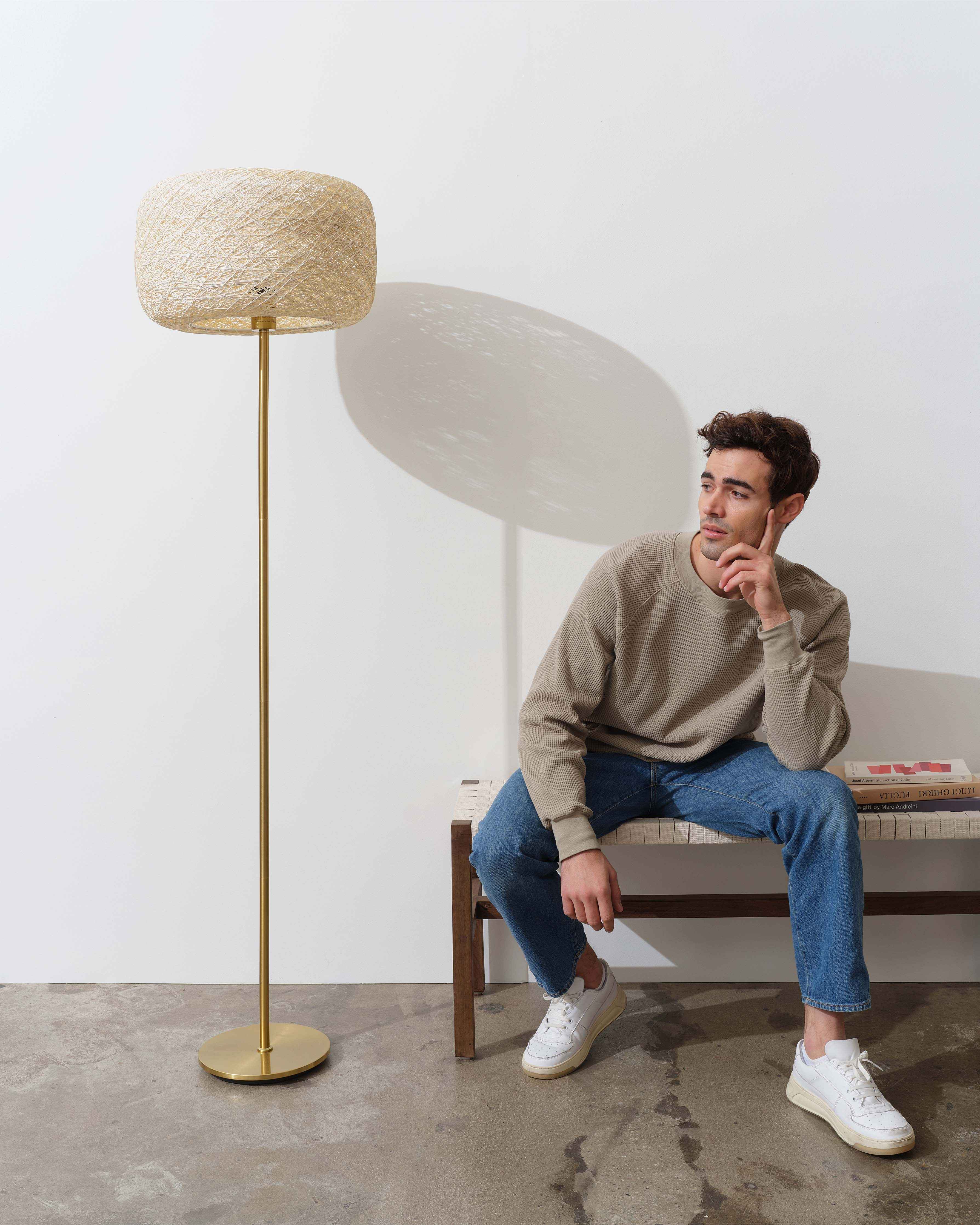 Riven Floor Lamp | Woven Shade, Slim Brass Pole