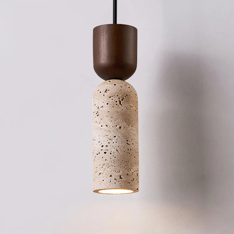 Bento Pendant Light | Natural Travertine & Walnut Wood, Adjustable Cord