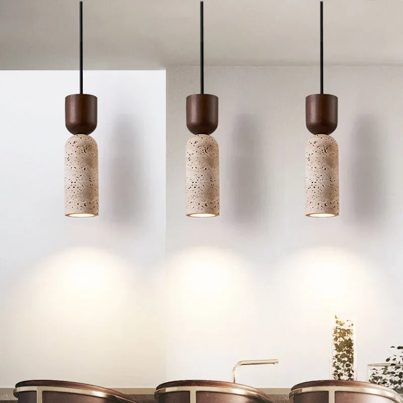 Bento Pendant Light | Natural Travertine & Walnut Wood, Adjustable Cord