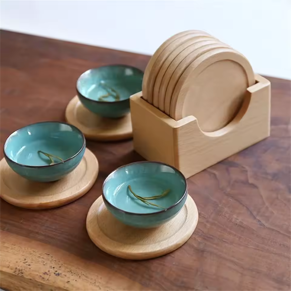 Bamboo Coaster Set | Minimalistisch, Walnoot of Beuken Hout