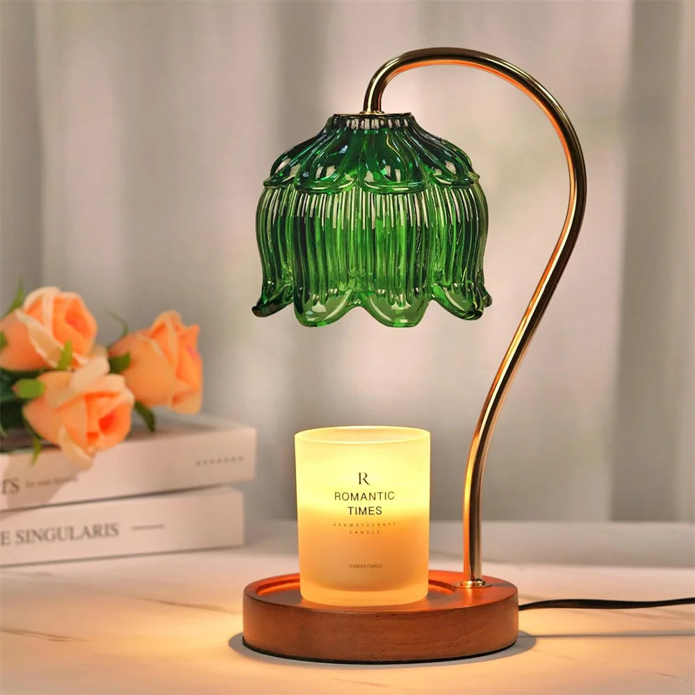 Bela Candle Warmer Lamp | Retro Glass Shade & Solid Wood Base