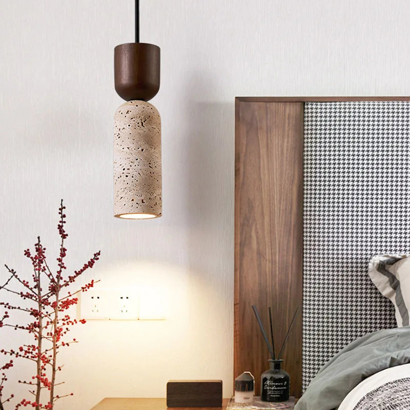 Bento Pendant Light | Natural Travertine & Walnut Wood, Adjustable Cord