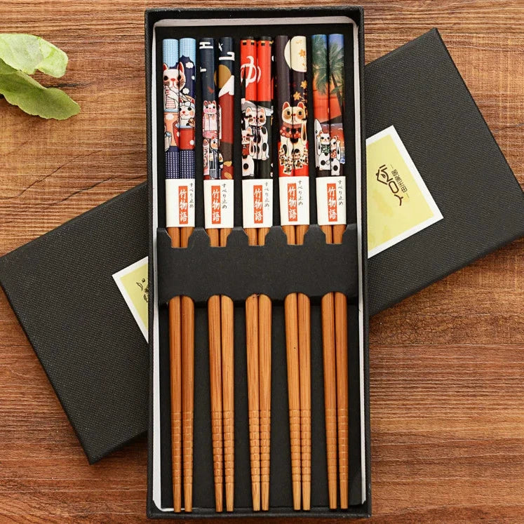 Bento Bamboe Eetstokjes Set | 5 Paar, Herbruikbaar met Geschenkdoos