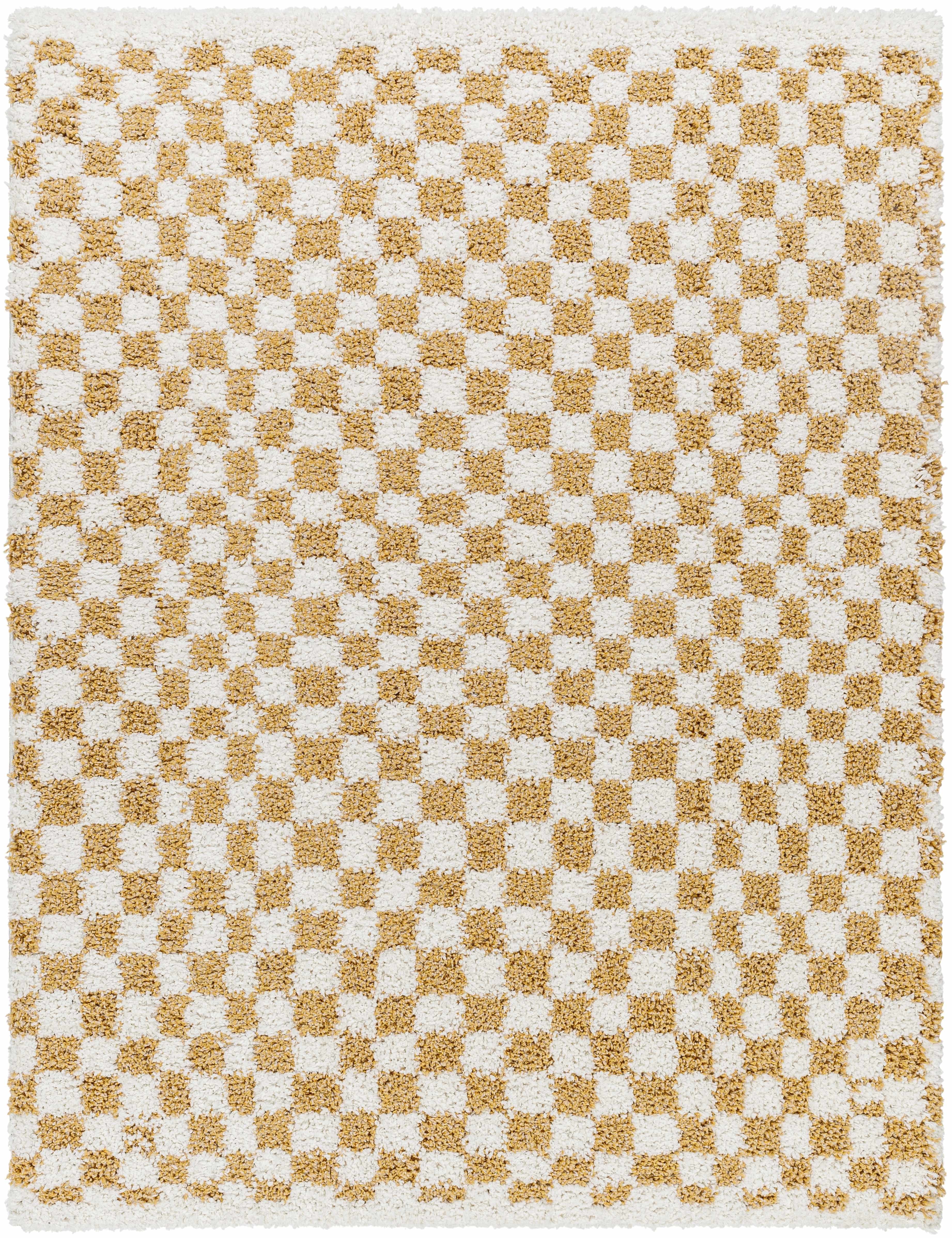 Kira Area Rug  Checkered Plush Pile, Mustard & Ivory