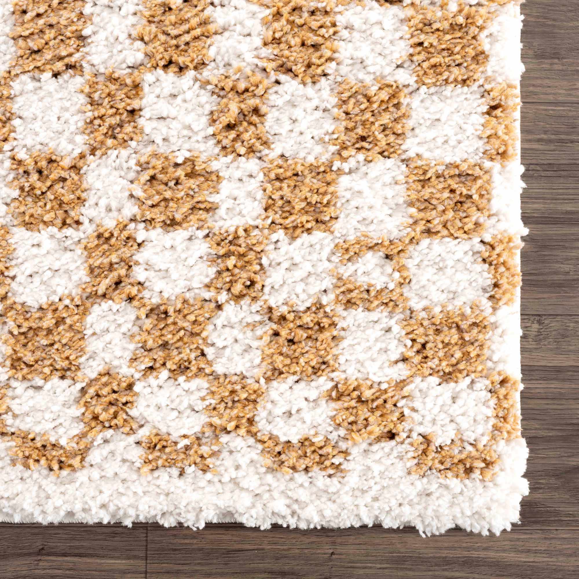 Kira Area Rug  Checkered Plush Pile, Mustard & Ivory