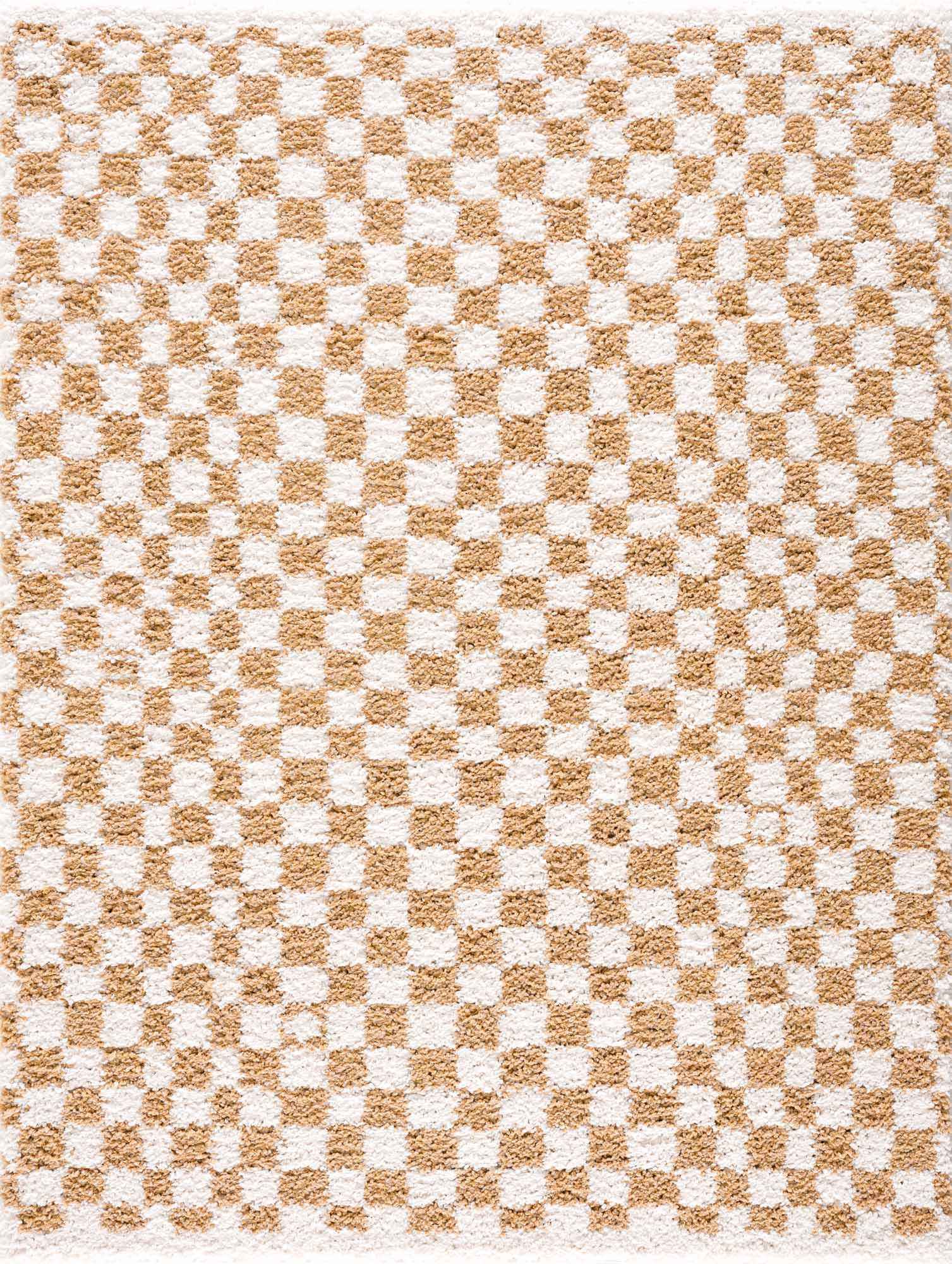 Kira Area Rug  Checkered Plush Pile, Mustard & Ivory