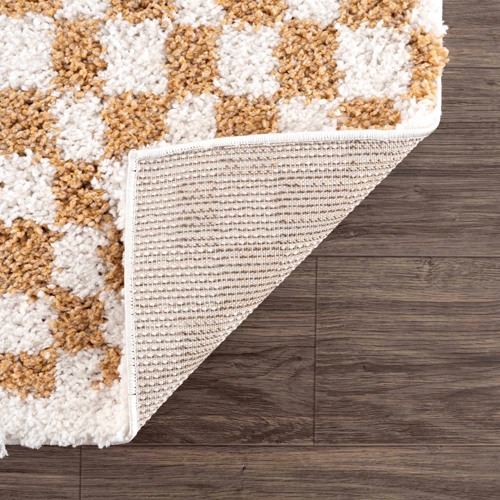 Kira Area Rug  Checkered Plush Pile, Mustard & Ivory