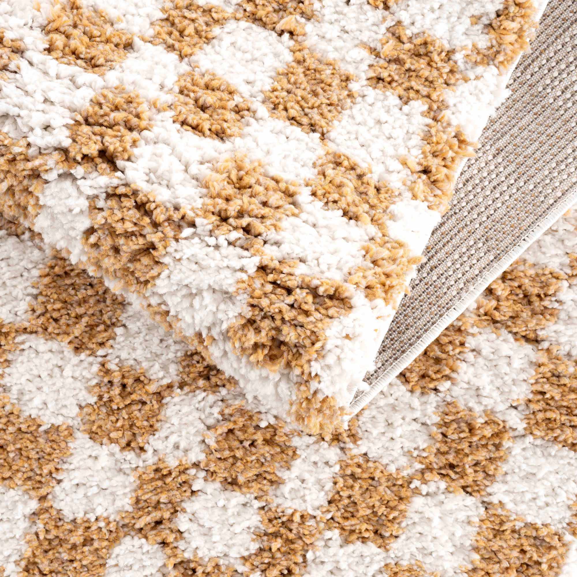 Kira Area Rug  Checkered Plush Pile, Mustard & Ivory
