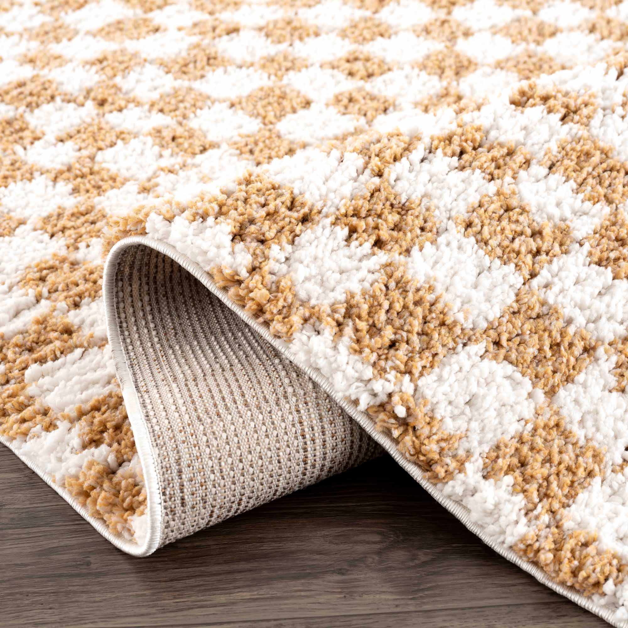 Kira Area Rug  Checkered Plush Pile, Mustard & Ivory