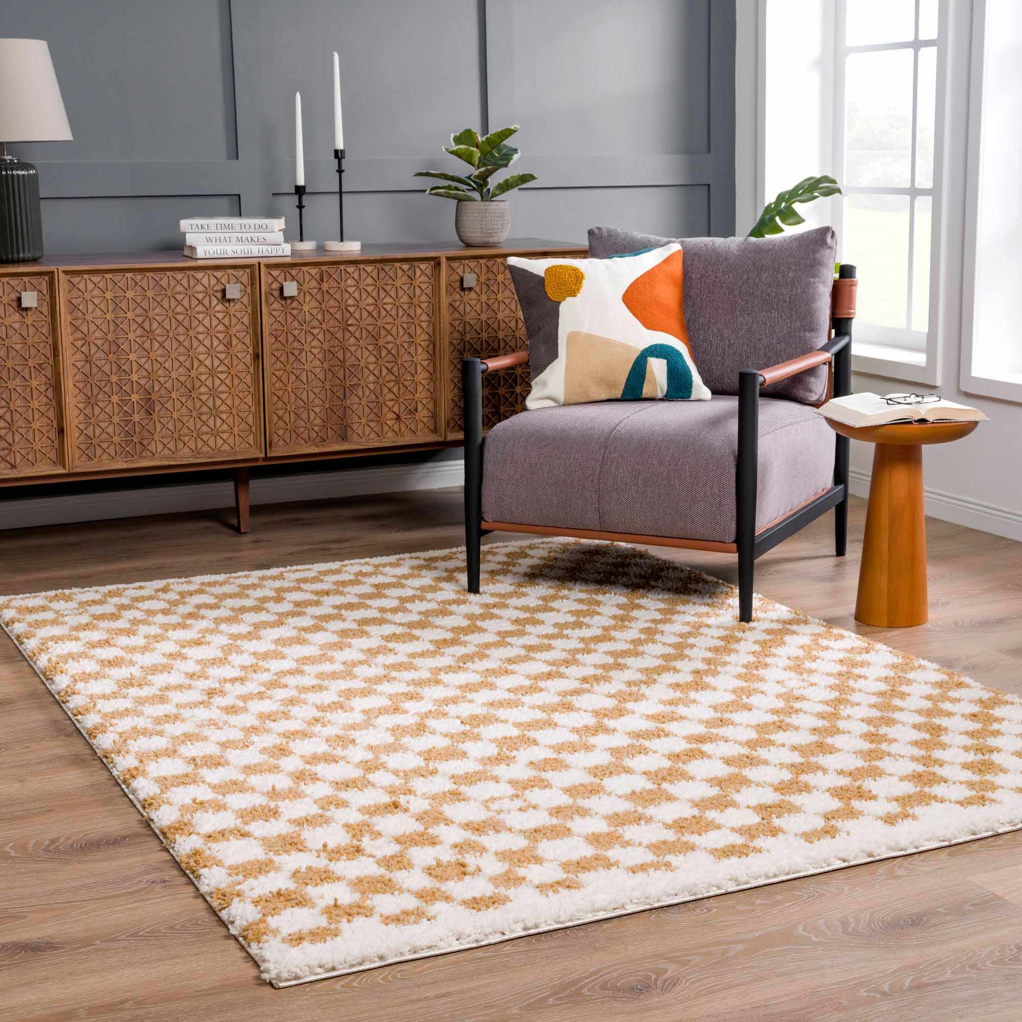 Kira Area Rug  Checkered Plush Pile, Mustard & Ivory