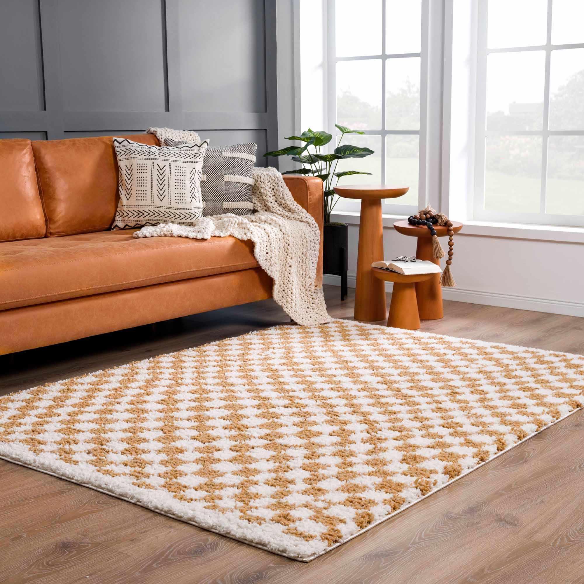 Kira Area Rug  Checkered Plush Pile, Mustard & Ivory
