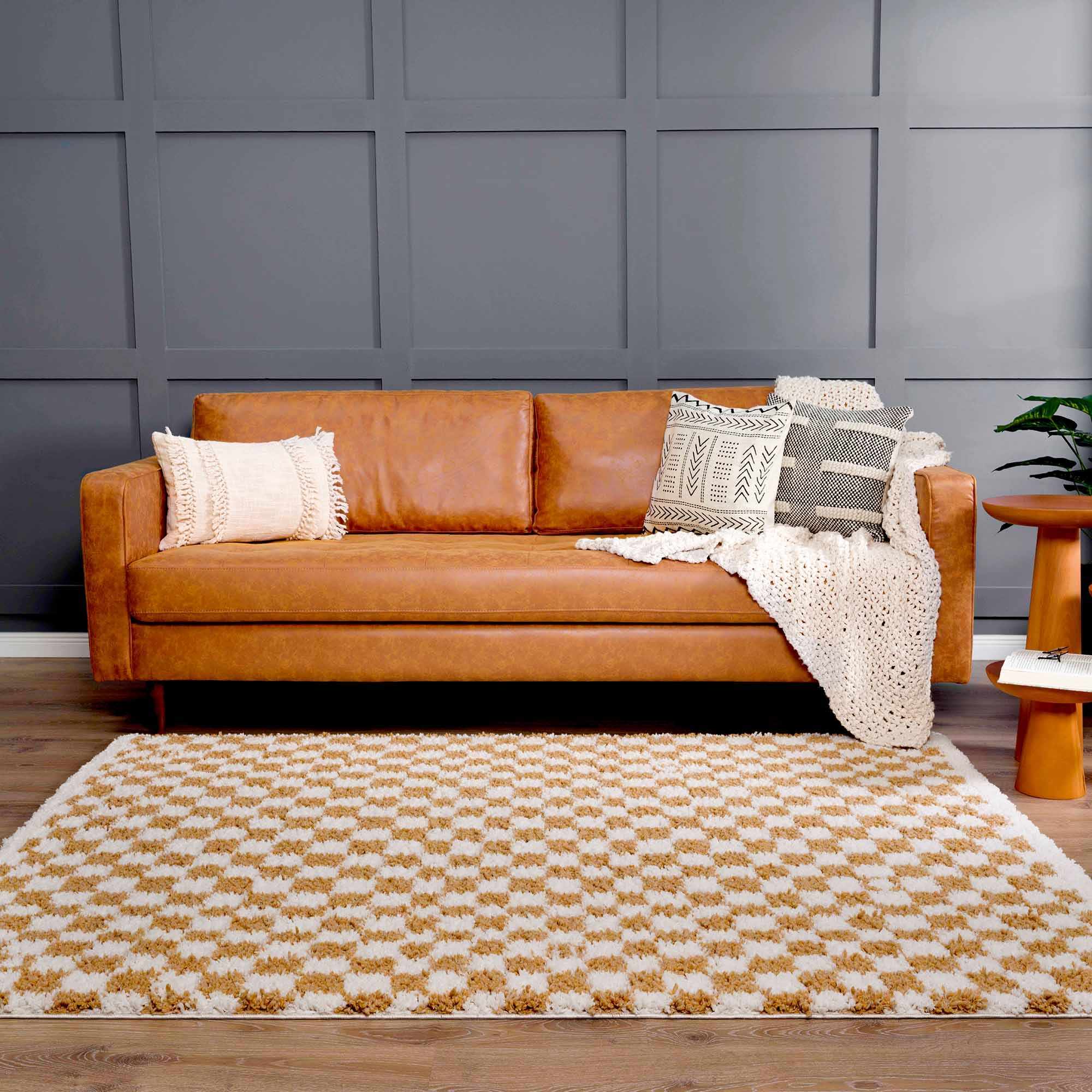 Kira Area Rug  Checkered Plush Pile, Mustard & Ivory