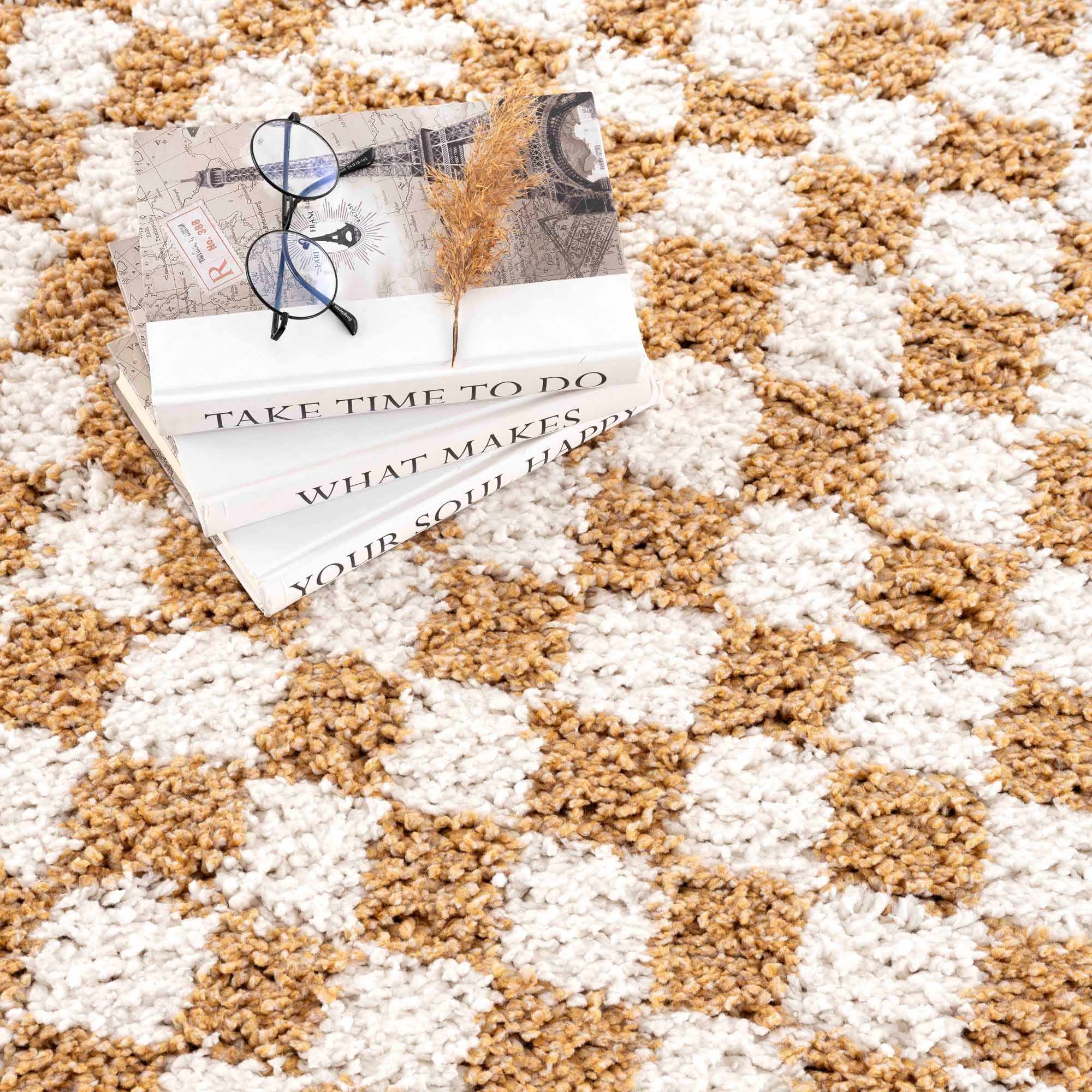 Kira Area Rug  Checkered Plush Pile, Mustard & Ivory