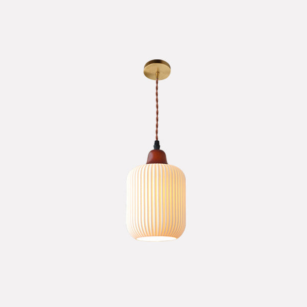Vintage Japanese Ceramic Round Dome Pendant Light with Pleated Design and Wooden Accents - Cendre Home