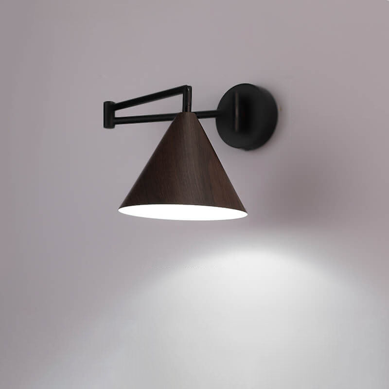 Nordic Minimalist Cone Swing Arm Wall Sconce - Wood Grain Iron, 1-Light