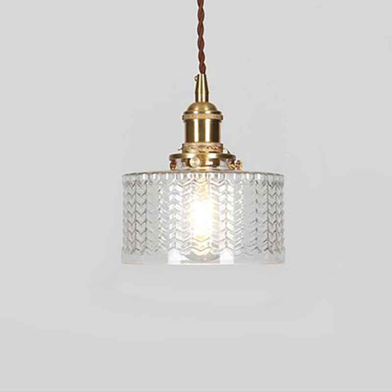 Vintage Japanese Brass and Glass Round Pendant Light with One Bulb