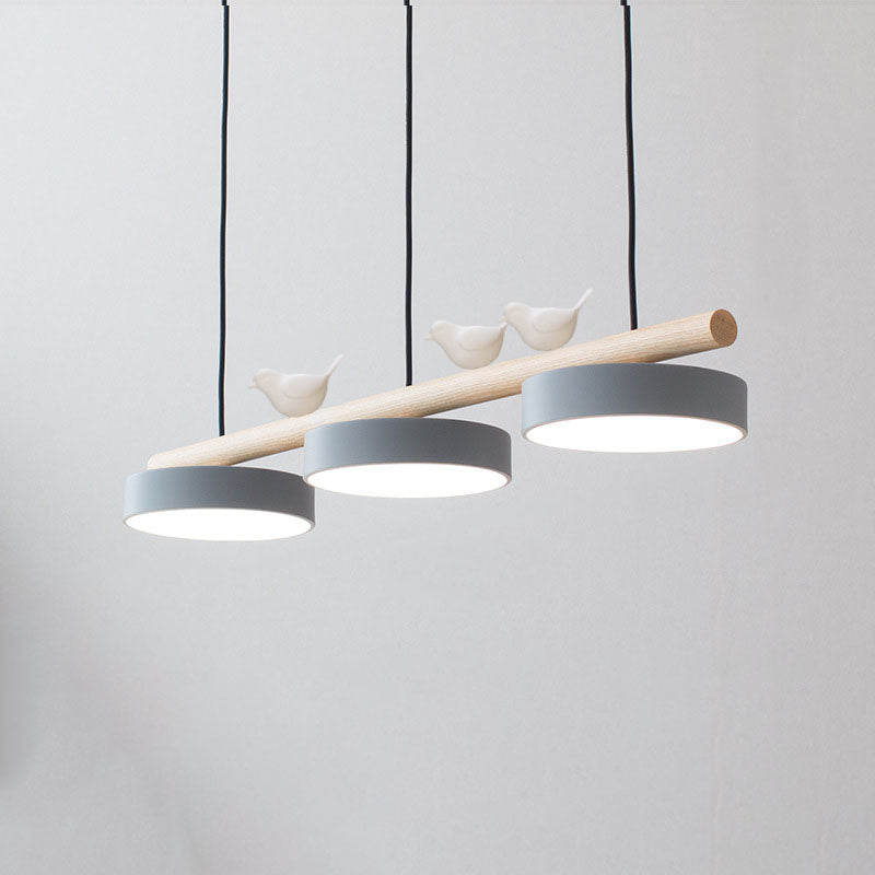 Nordic-Inspired Round Resin Bird LED Chandelier with Wooden Linear Design