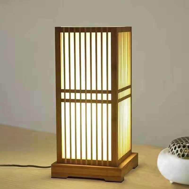 Minimalist Japanese Wooden Square Column Table Lamp with Single Light