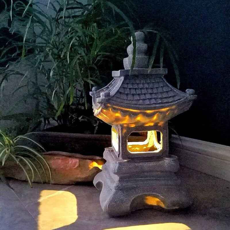 Japanese Zen Solar-Powered Waterproof Pagoda Stone LED Garden Light for Outdoor Decor