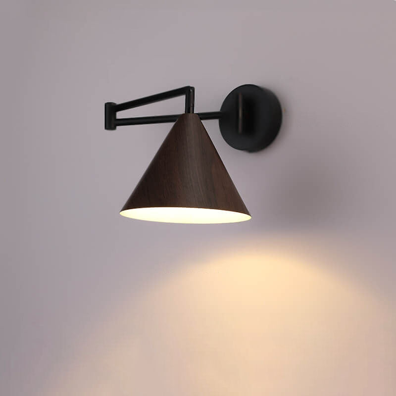 Nordic Minimalist Cone Swing Arm Wall Sconce - Wood Grain Iron, 1-Light