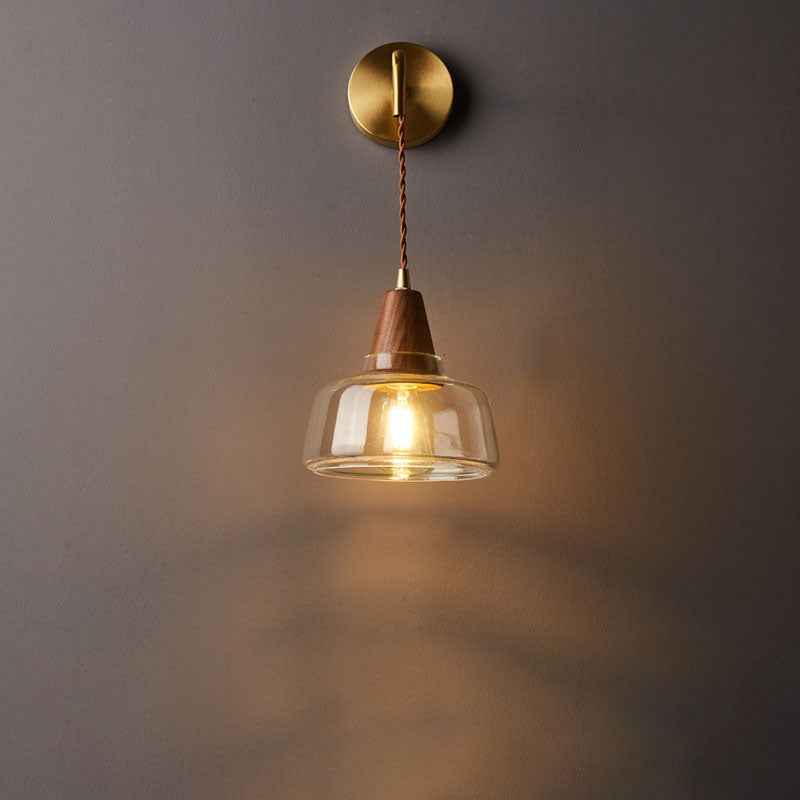 1-Light Wall Sconce Lamp with Japanese Walnut, Glass, and Copper Cylinder Design