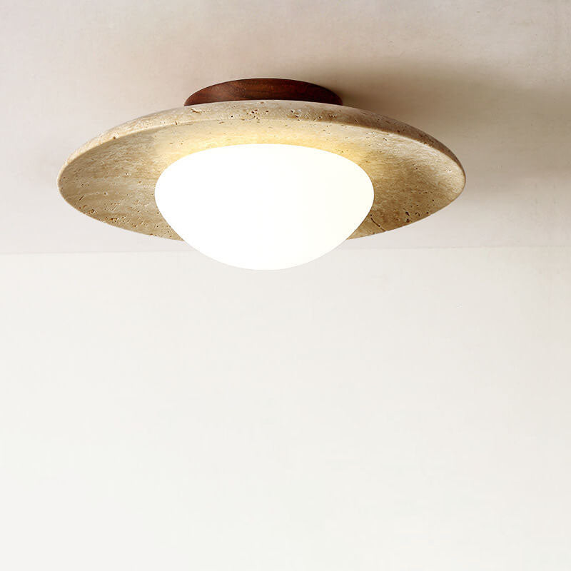 Classic Vintage Round Travertine 1-Light Flush Mount Ceiling Fixture for Hallways