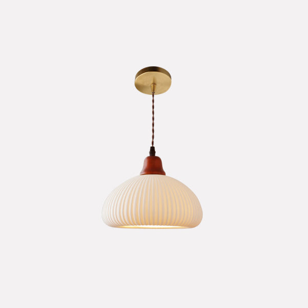 Vintage Japanese Ceramic Round Dome Pendant Light with Pleated Design and Wooden Accents - Cendre Home