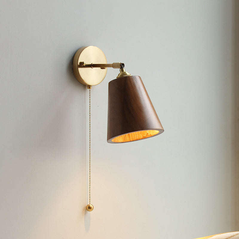 Modern Scandinavian Round Cone Dome Copper and Wood 1-Light Wall Sconce for Bedroom