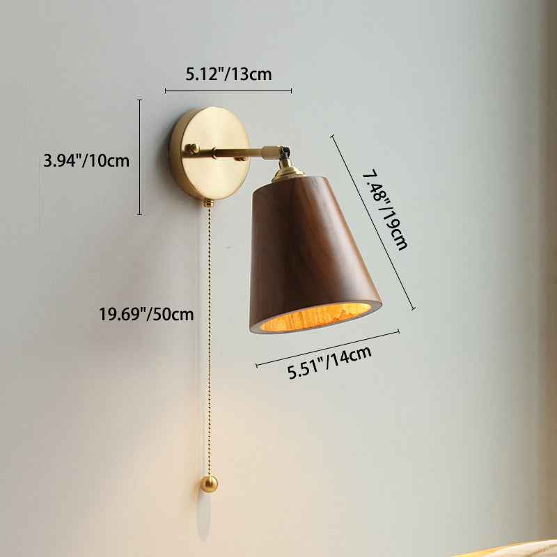Modern Scandinavian Round Cone Dome Copper and Wood 1-Light Wall Sconce for Bedroom