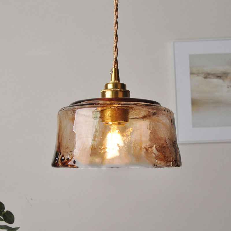 Retro Amber Glass Drum Pendant Light with Brass Accent - 1-Light