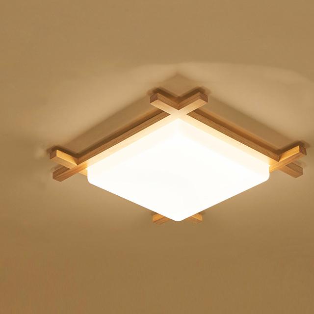 Traditional Japanese Square Tatami LED Flush Mount Ceiling Light in Wood and Acrylic for Bedrooms