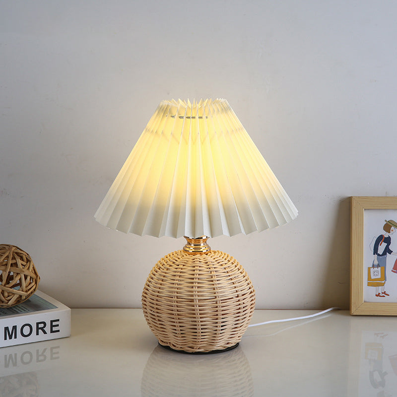 Modern Nordic Rattan Fabric Pleated Conical LED Table Lamp for Bedroom