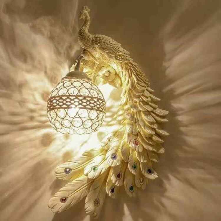 Elegant Vintage Resin Peacock Wall Sconce Lamp with Crystal Ball Shade - 1-Light