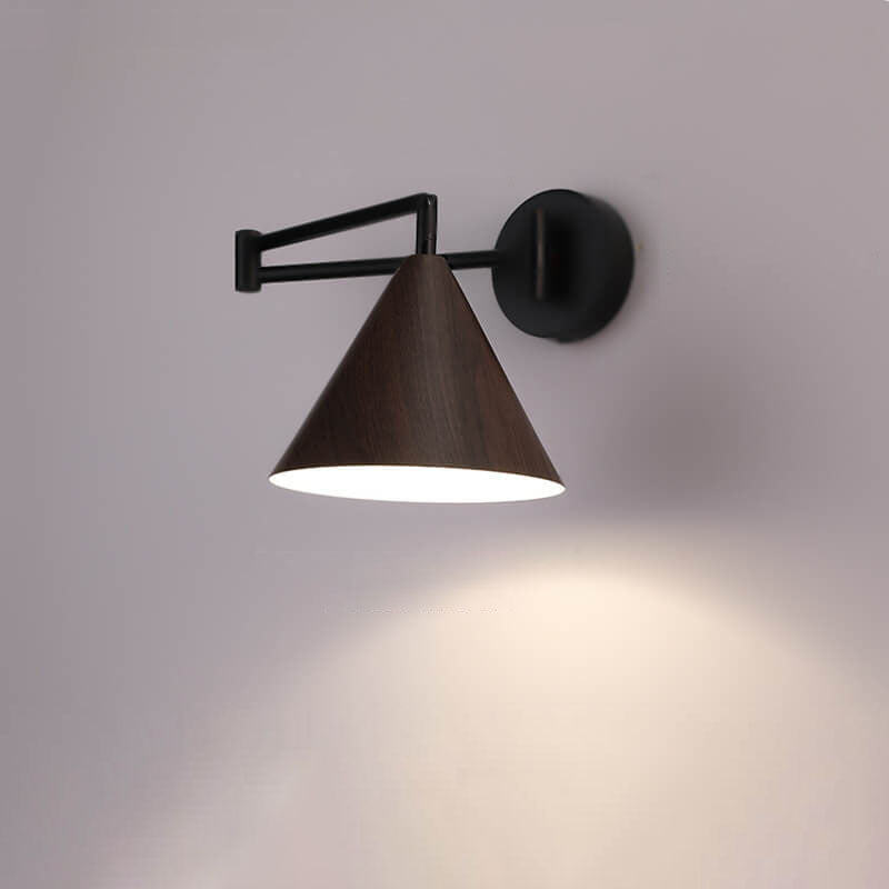 Nordic Minimalist Cone Swing Arm Wall Sconce - Wood Grain Iron, 1-Light