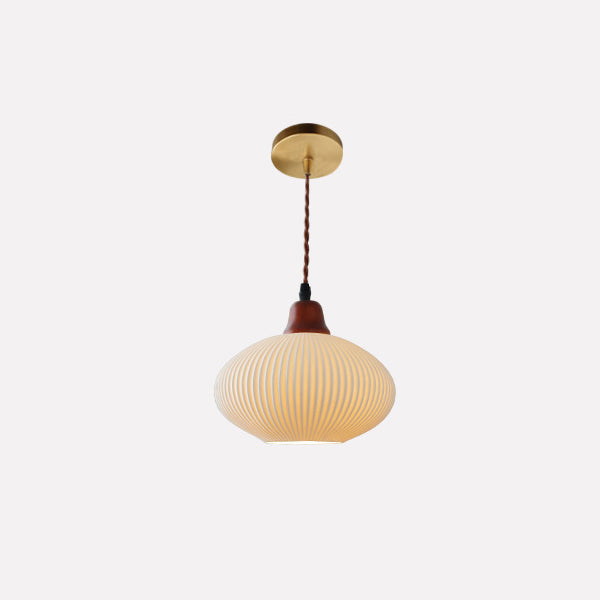 Vintage Japanese Ceramic Round Dome Pendant Light with Pleated Design and Wooden Accents - Cendre Home