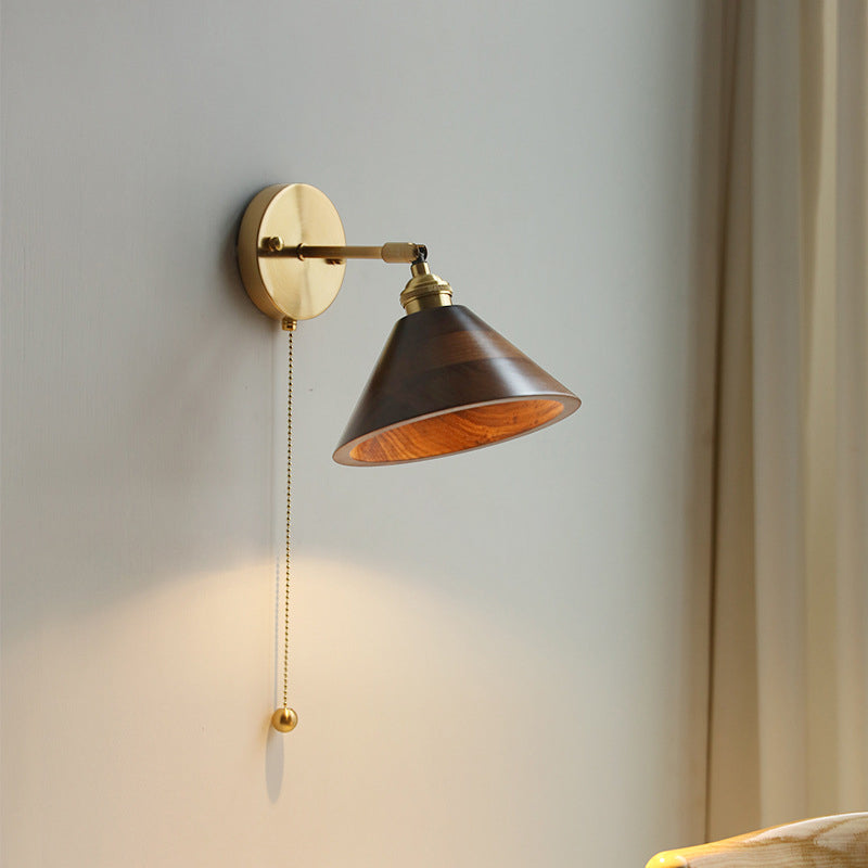 Modern Scandinavian Round Cone Dome Copper and Wood 1-Light Wall Sconce for Bedroom
