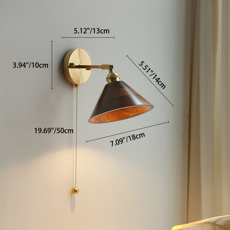 Modern Scandinavian Round Cone Dome Copper and Wood 1-Light Wall Sconce for Bedroom