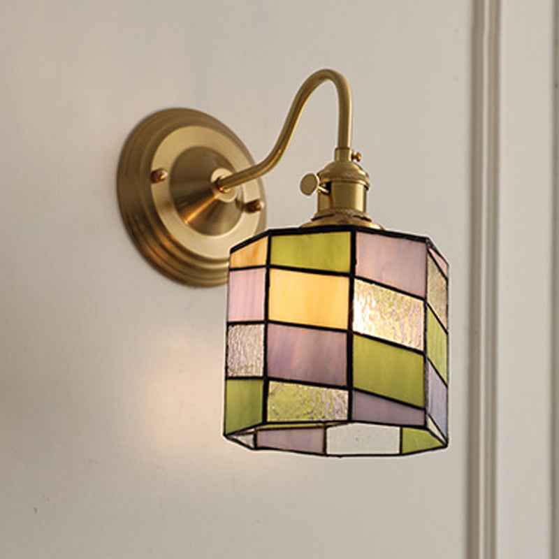 Classic Tiffany Style Round Copper Glass 1-Light Wall Sconce for Living Room