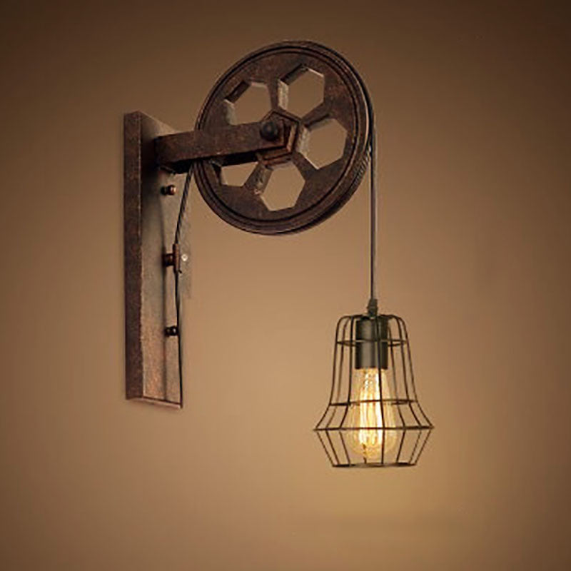 Retro Industrial Iron Wall Sconce Lamp with Single Pulley Light