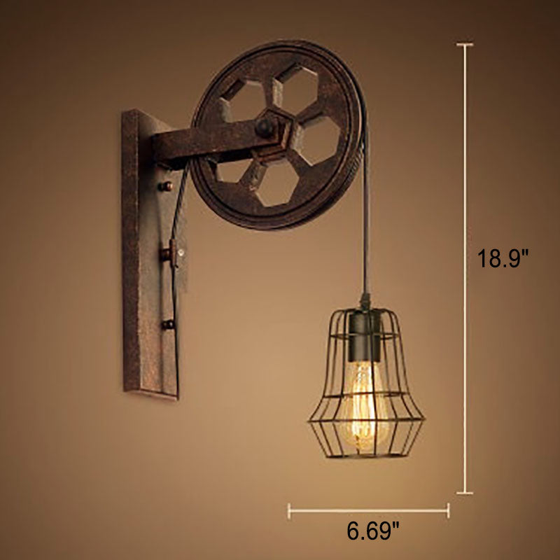 Retro Industrial Iron Wall Sconce Lamp with Single Pulley Light