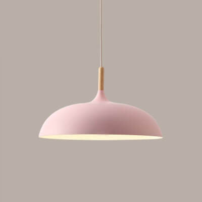 Contemporary Metal Pendant Light with Wooden Top - 1-Light Dome Design