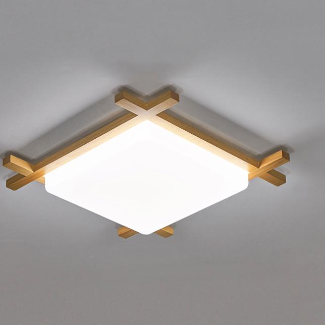 Traditional Japanese Square Tatami LED Flush Mount Ceiling Light in Wood and Acrylic for Bedrooms