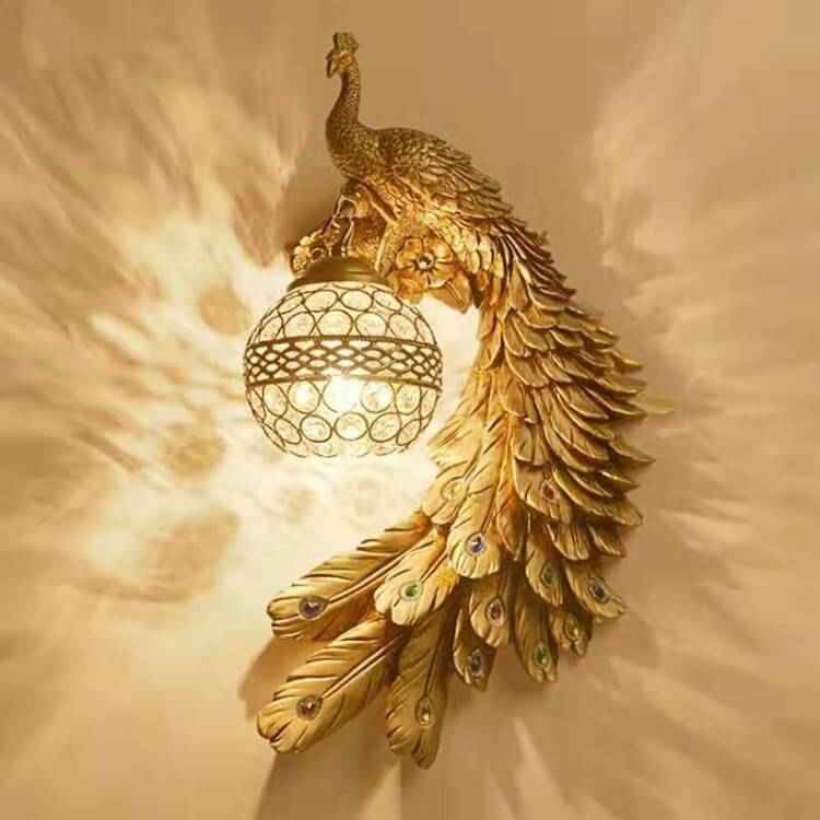 Elegant Vintage Resin Peacock Wall Sconce Lamp with Crystal Ball Shade - 1-Light
