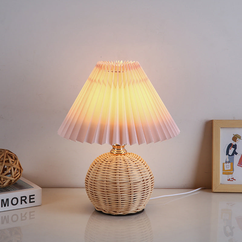 Modern Nordic Rattan Fabric Pleated Conical LED Table Lamp for Bedroom