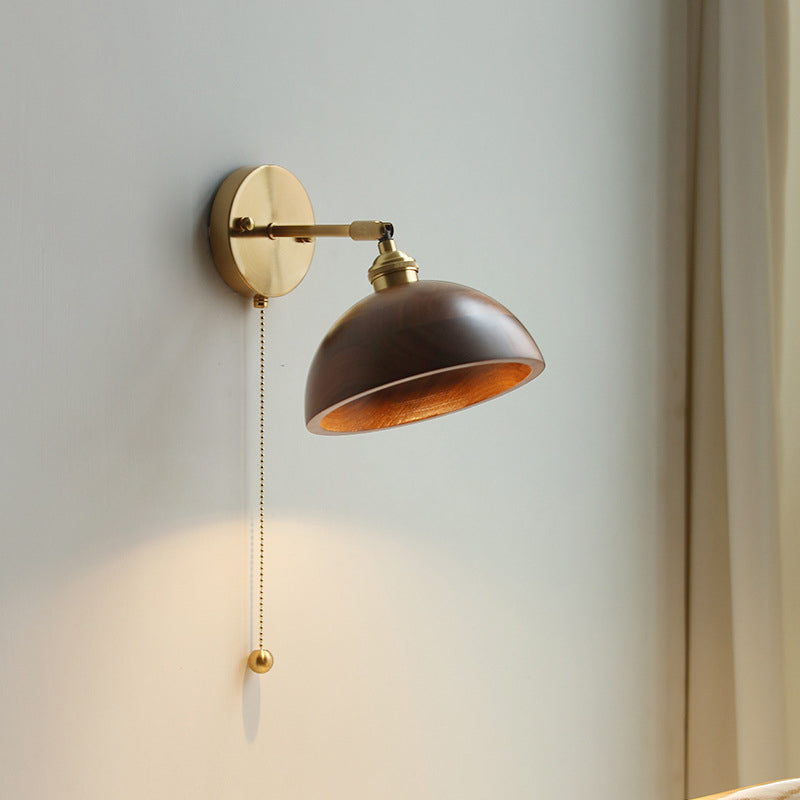 Modern Scandinavian Round Cone Dome Copper and Wood 1-Light Wall Sconce for Bedroom