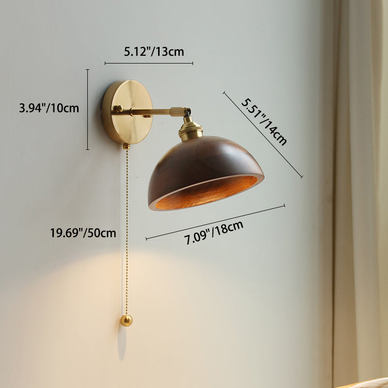 Modern Scandinavian Round Cone Dome Copper and Wood 1-Light Wall Sconce for Bedroom